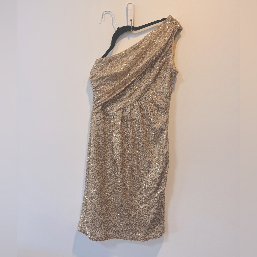 Calvin Klein Gold Sequin One-Shoulder Dress Size S - Picture 2 of 6